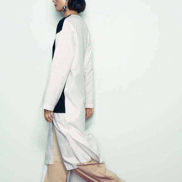 Zara Mixed Poplin Pinstripe Jacket / Long Tunic Shirt in Striped Black/White - Picture 4 of 13